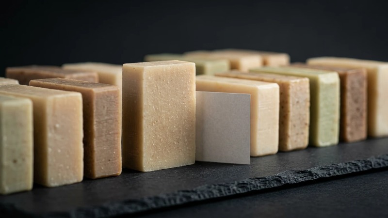 Handmade soap bars on dark slate with blank label mockup Handmade soap bars on dark slate with blank label mockup