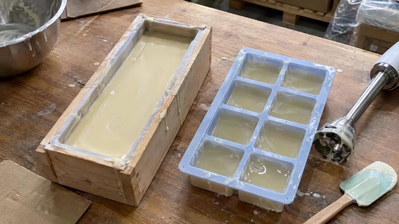 Cold process soap in a loaf mold next to melt-and-pour base in a tray