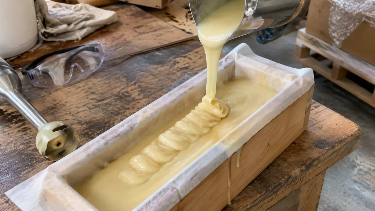 product-1280-720 Pâte à savon épaisse versée dans un moule en bois doublé de papier sulfurisé