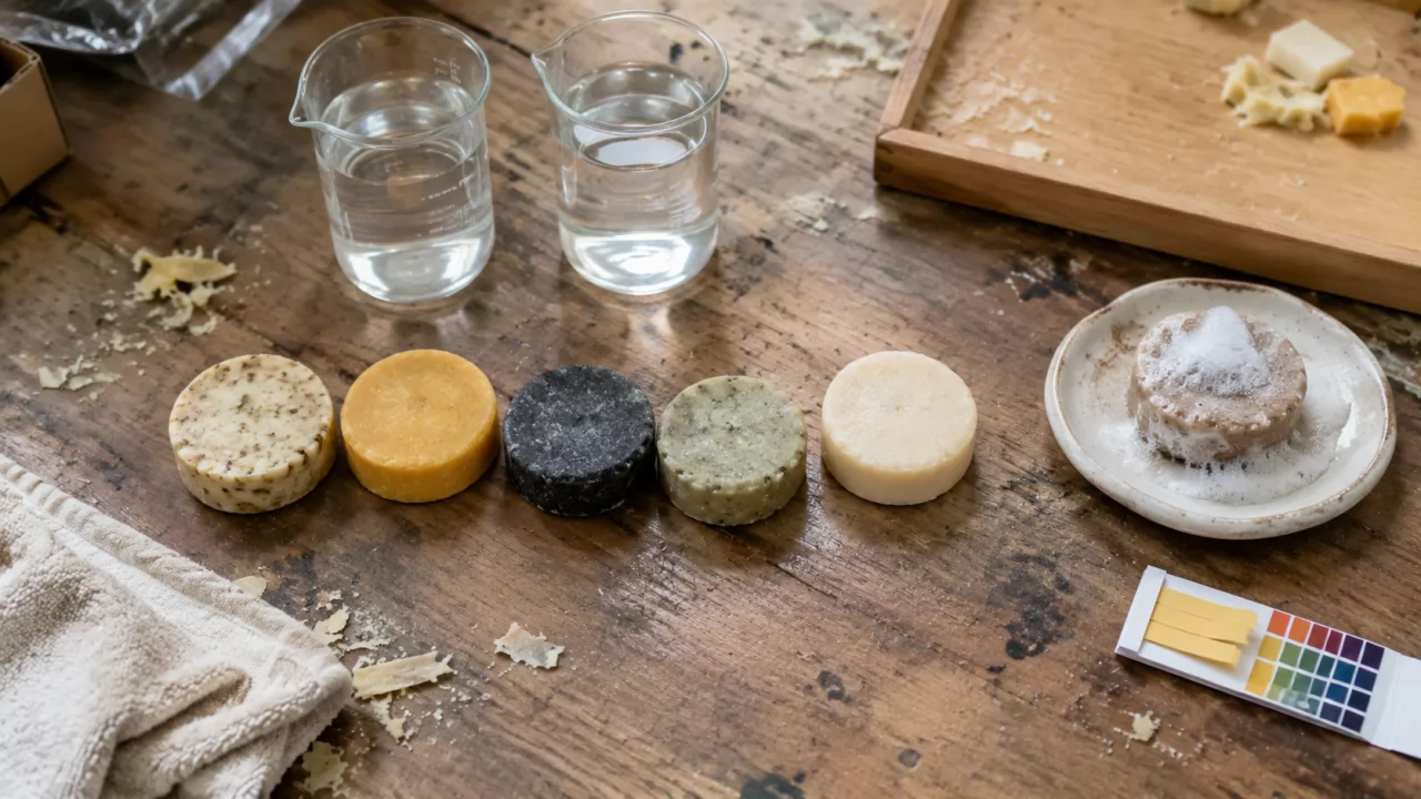 product-1280-720 Muestras de barras de champú junto a vasos de agua en una mesa de taller