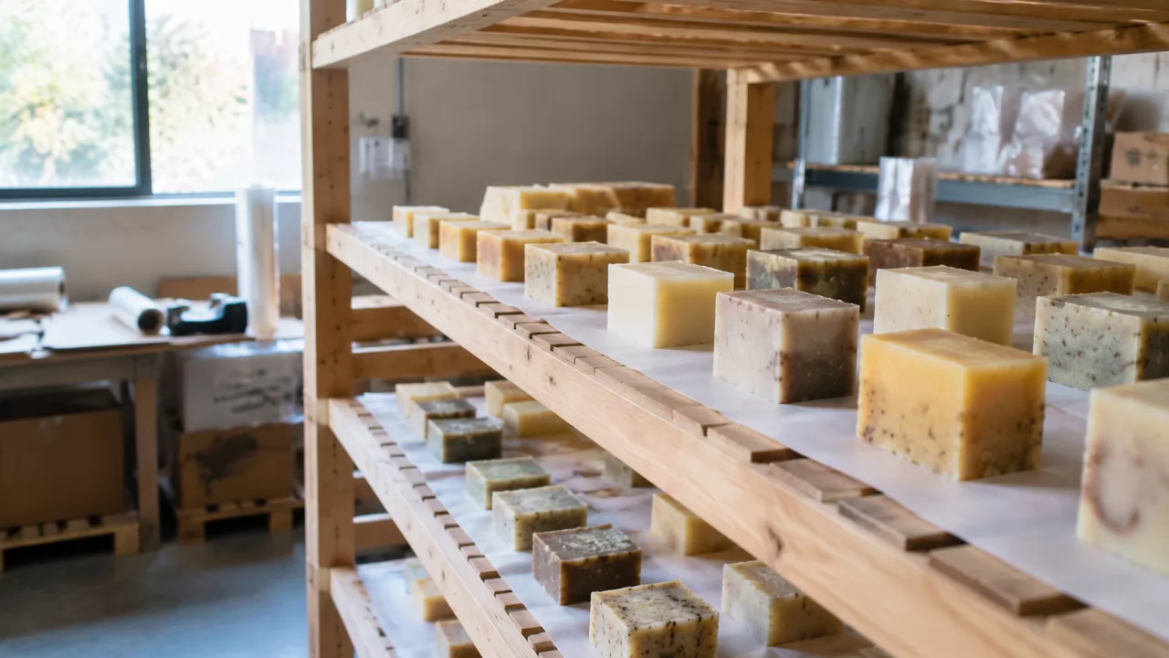product-1280-720 Barres de savon à froid alignées sur une étagère de séchage bien aérée