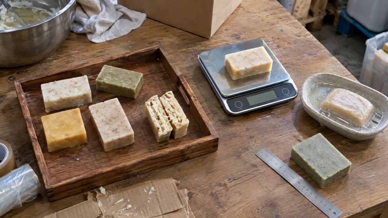 Sample soap bars being weighed, measured and tested in a soap dish